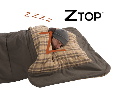 Cozy ZTOP sleeping bag with plaid pattern, featuring a soft brown exterior and integrated pillow for comfort.