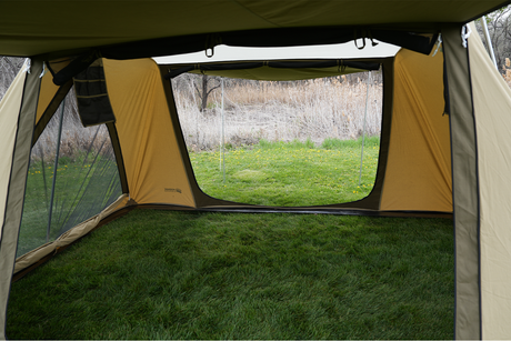Spacious tan camping tent interior with large screened windows and grass floor, ideal for outdoor adventures.
