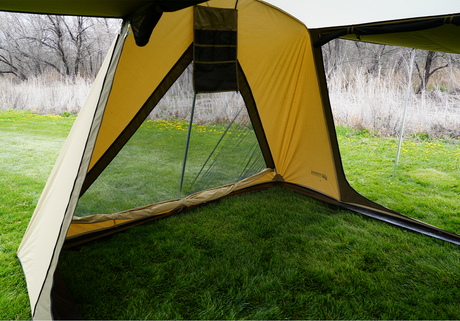 Interior view of a spacious brown camping tent with mesh windows, ideal for outdoor adventures.