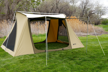Spacious khaki camping tent with mesh windows, ideal for outdoor adventures and easy setup.