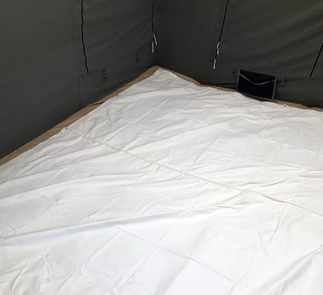 Spacious white tent floor liner, durable and waterproof, ideal for camping and outdoor adventures.
