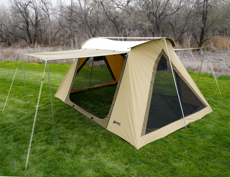 Spacious beige camping tent with mesh windows and canopy, ideal for outdoor adventures.