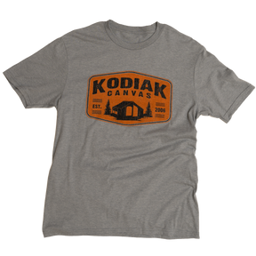 Kodiak Canvas men's gray t-shirt with orange logo, established 2006, soft cotton fabric.