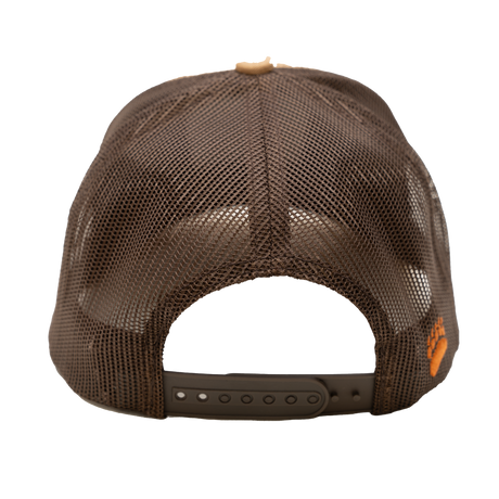 Brown mesh trucker cap with adjustable strap, featuring an embroidered logo on the back.