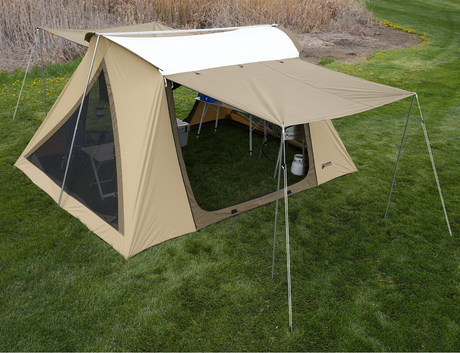 Spacious beige camping tent with mesh windows and canopy, perfect for outdoor adventures.