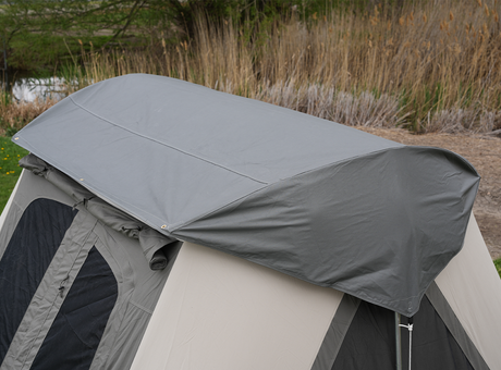 Gray waterproof tent roof extension designed for added weather protection and stability.